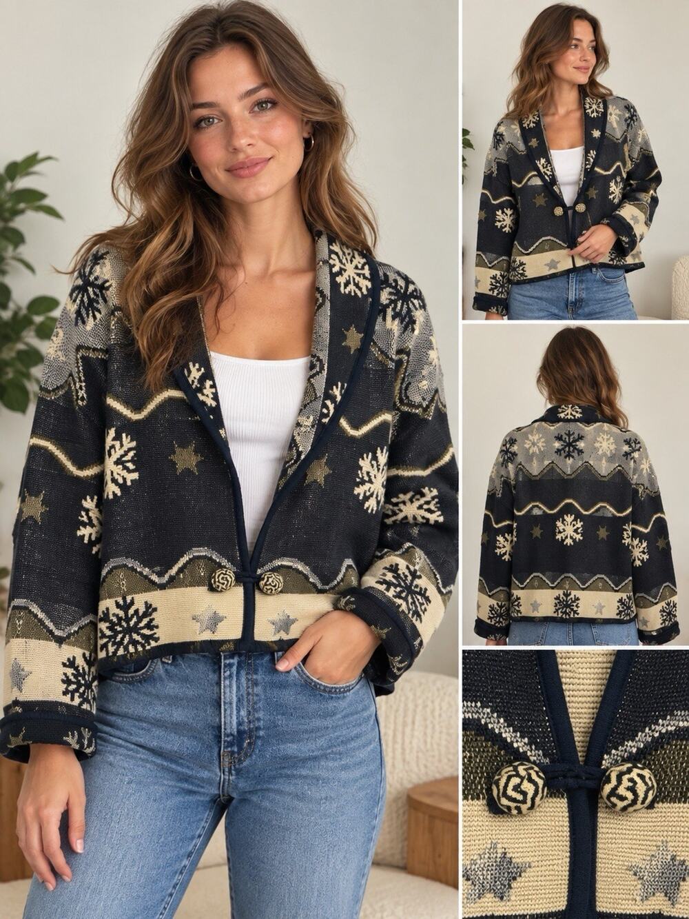 Vintage Flashback Women’s L Snowflake Cardigan 100% Cotton Nordic Sweater